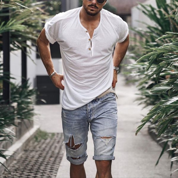 Holiday Casual Solid Color Breathable Henley T-Shirt