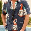 Casual Style Holiday Series Retro Christmas Christmas Gnome Element Pattern Lapel Short-Sleeved Shirt Print Top