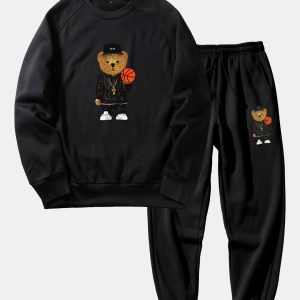 Basketball Bear Print Sweatshirt & Jogger Pants