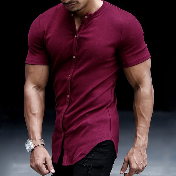 Men's Casual Slim Solid Color Short Sleeve Shirt Outdoor Fitness Sports Running Pure Cotton Stand Collar Cardigan