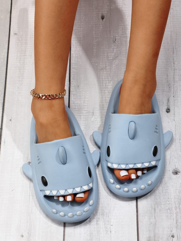 03befa79f9b5bd9c7ed13bd8852c22d4887131f424f335afdc7ce398c11ae862.jpg Women Blue Cartoon Shark Design Single Band Slides