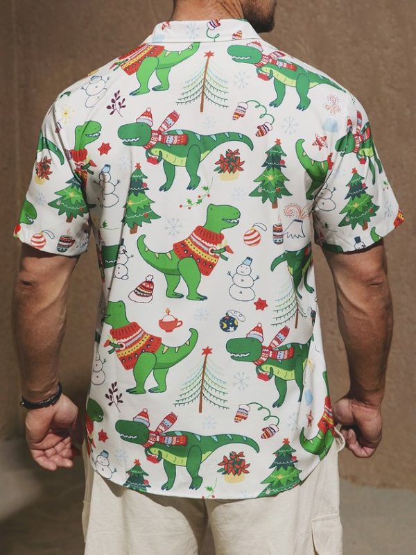 054af84b2f3bc4933e6c98a95778e3f833028f5e7132e5bda97d0348c90035cf.jpg Men's Christmas Dinosaur Print Short Sleeve Hawaiian Shirt with Chest Pocket
