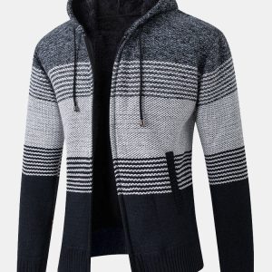 Zip Up Striped Hooded Sweater