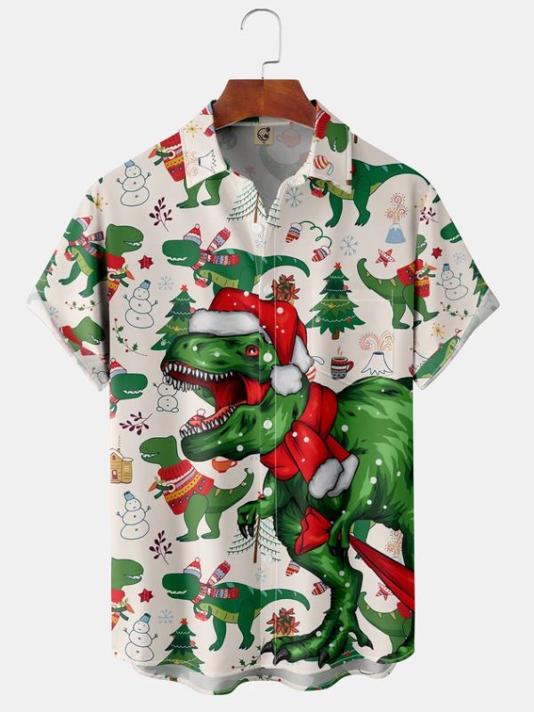 0c7f4777033b2478e2129204f7d909483411ac2b233c62f70ee5ec3e296439f8.jpg Men's Christmas Dinosaur Print Short Sleeve Hawaiian Shirt with Chest Pocket