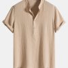 Wrinkled Cotton Half Open Placket Henley Collar Shirt & Straight Leg Linen Pants