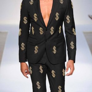 Dollar Pattern Notch Lapel Button Blazer & Pants 2Pcs Set