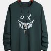 Long Sleeve Scary Face Print Cotton T-Shirt