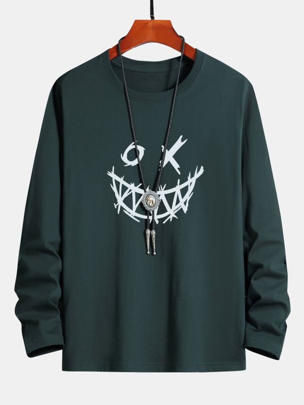 Long Sleeve Scary Face Print Cotton T-Shirt