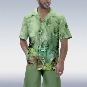 Men's Ombre Contrast Ethnic Print Hawaiian Vacation Short Sleeve Suit 072