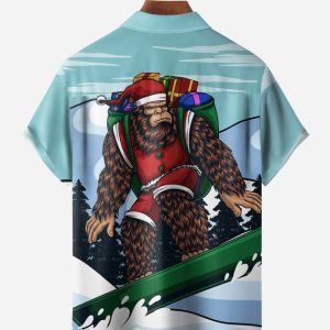 Christmas Bigfoot Chest Pocket Short Sleeve Casual Shirt
