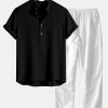 Wrinkled Cotton Half Open Placket Henley Collar Shirt & Straight Leg Linen Pants