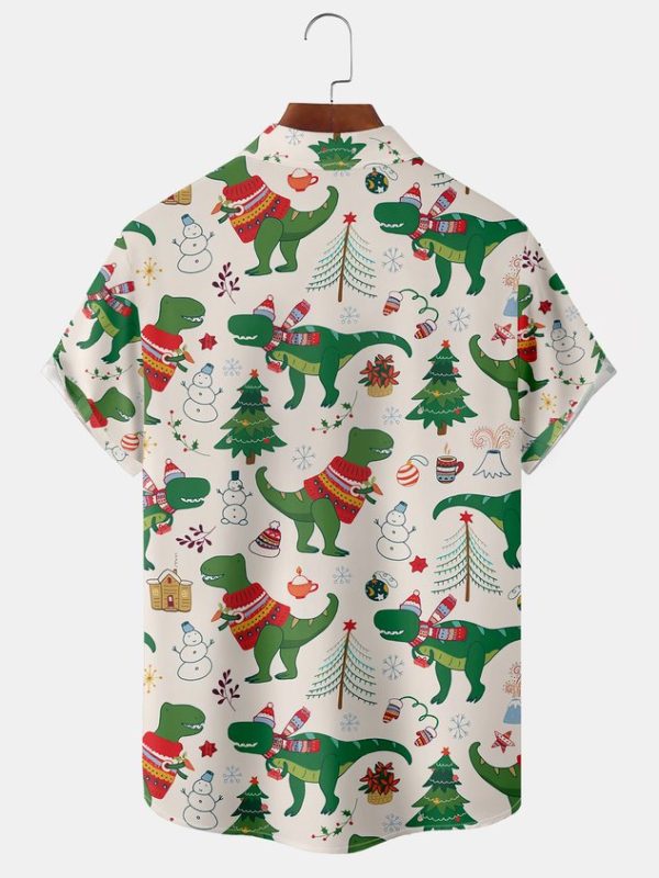 1c092c53f8d04622373acc44765a34adbb015f4b9859ddc7faff5a0eed1c0456.jpg Men's Christmas Dinosaur Print Short Sleeve Hawaiian Shirt with Chest Pocket