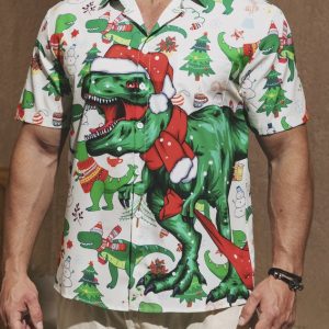 Men's Christmas Dinosaur Print Short Sleeve Hawaiian Shirt with Chest Pocket