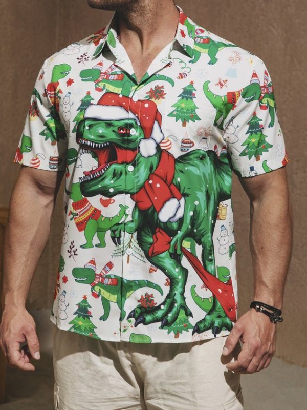 1d1eccc42389a64194c223d4d449e40b557d43d97244b6a2d98d5fed3c5dff02.jpg Men's Christmas Dinosaur Print Short Sleeve Hawaiian Shirt with Chest Pocket