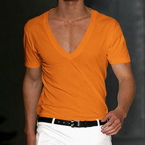 Men's Basic White Deep V-Neck Cotton Short Sleeve T-Shirt
