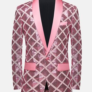 297475579267082d8370e1ed6b85625535dba4ffc911a802da4b31d5e629b04f.jpg Elegant Plaid Sequin Shawl Lapel One Button Slim Fit Blazer
