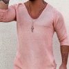 Men's Deep V Neck Breathable Linen Cotton Mid Sleeve T-Shirt