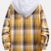 Curved Hem Contrast Hooded Plaid Shirts