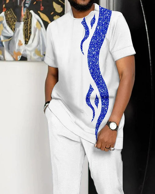 Suitmens Men's White Printed Short Sleeve Suit 2 Colors 160