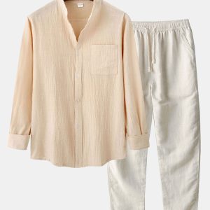 Long Sleeved Linen Look Stand Collar Shirt & Straight Leg Linen Pants