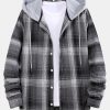 Curved Hem Contrast Hooded Plaid Shirts