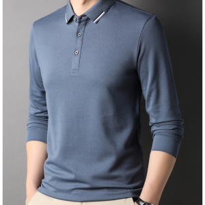 Men's gray blue lapel long sleeve polo shirt