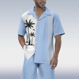 Men's Hawaiian Tiki Party Print Cuban Collar Short Sleeve Shirt Set 03