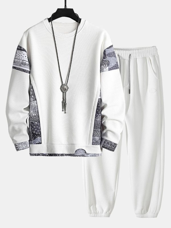 Paisley Print Panel Waffle Sweatshirt & Waffle Jogger Pants