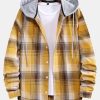 Curved Hem Contrast Hooded Plaid Shirts
