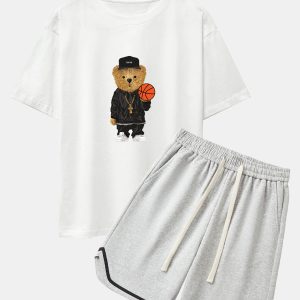 Basketball Bear Print Drop Shoulder Oversize T-Shirt & Jersey Basketball Shorts