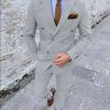 Business Solid Lapel Collar Double Breasted Blazer & Pants 2Pcs Set