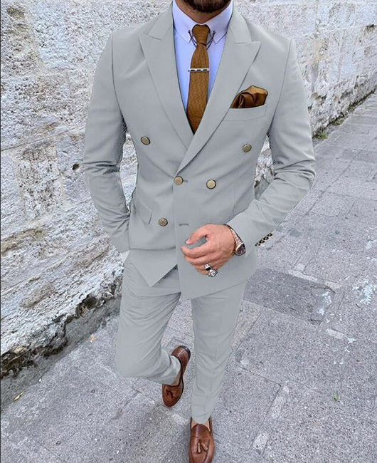 Business Solid Lapel Collar Double Breasted Blazer & Pants 2Pcs Set
