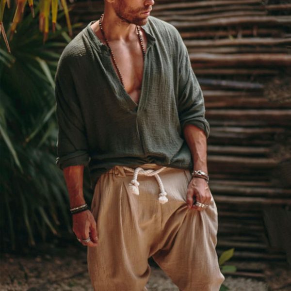 Mens Linen Minimalist Holiday Plain Shirt