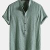 Short Sleeve Half Button Fly Henley Collar Shirt & Straight Leg Linen Pants