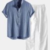 Short Sleeve Half Button Fly Henley Collar Shirt & Straight Leg Linen Pants