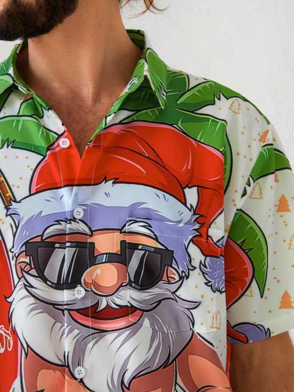 4d1843ca96e99e5ac161090493b646722e273e77b3e2347cd80422390f07d64d.jpg Mens Christmas Santa Surfing Print Front Buttons Soft Breathable Chest Pocket Casual Hawaiian Shirt