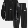 Paisley Print Panel Waffle Sweatshirt & Waffle Jogger Pants