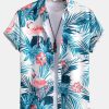 Flamingo Tropical Print Button Up Shirt & Short Length Swim Shorts