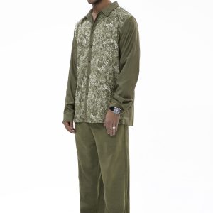 Suitmens Long Sleeve Trousers Green Cashew Blossom Two-Piece Walking Set