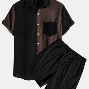 Short Sleeve Two-Tone Corduroy Shirt & Corduroy Shorts