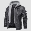 Men's Stand Collar PU Faux Leather Jacket 6 Pockets Motorcycle Bomber Fall Winter Jacket with a Removable Hood