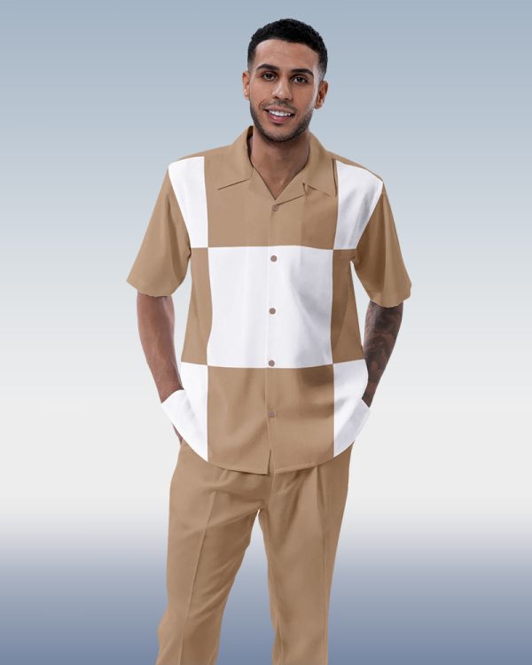 6147f1770bbbbd5a822d0453a49fa6a0c14de61bff3e6c73b3a483bd89f82214.jpg Khaki Block Walking Suit 2-Piece Short Sleeve Suit