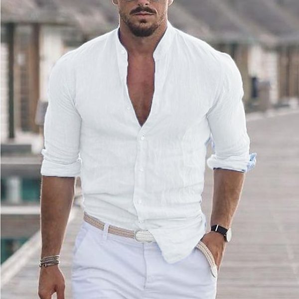 Men's Linen Solid Color Casual Stand Collar Long Sleeve Shirt