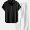 Linen Blend Striped Half Open Placket Henley Collar Shirt & Straight Leg Linen Pants