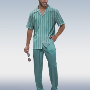 Vertical Stripe Two-Piece Short Sleeve Printed Walking Suit