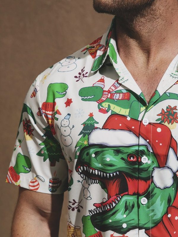 6e82d4fe2133e7456accace25a0fc5a42a239cd0b425f7a1d14a601d6c1ab101.jpg Men's Christmas Dinosaur Print Short Sleeve Hawaiian Shirt with Chest Pocket