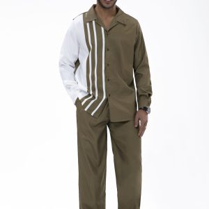 Suitmens Olive Stripe Colorblock Walking Set 2-Piece Long Sleeve Set