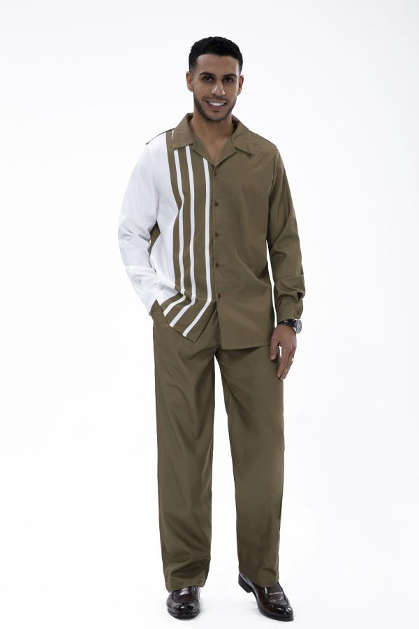 6ee727a92564a8963f2ba6bda826eb1619f5f6f487445c417f9cef1baafe125e.jpg Suitmens Olive Stripe Colorblock Walking Set 2-Piece Long Sleeve Set