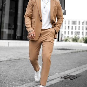 Casual Plain Notch Lapel Button Pockets Blazer & Pants 2Pcs Set