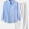 Long Sleeved Linen Look Stand Collar Shirt & Straight Leg Linen Pants